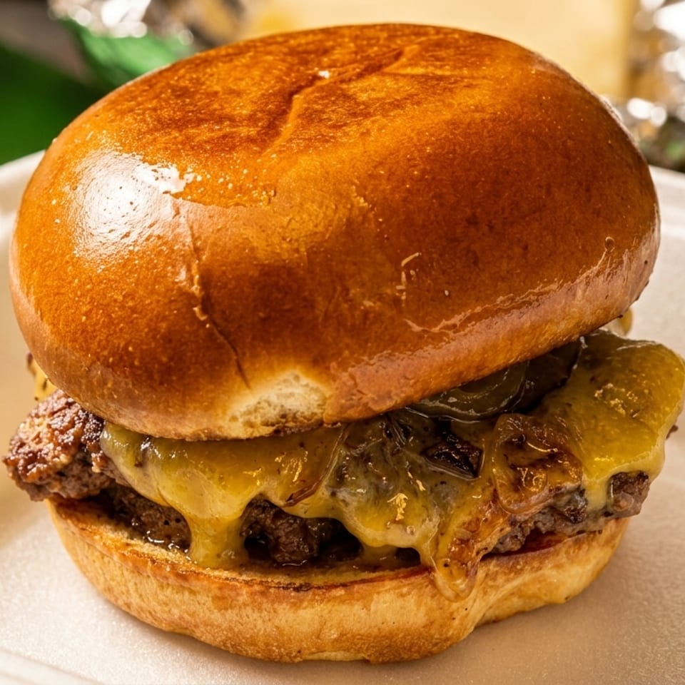 Cheeseburger with melted cheese, pickles, and a glossy brioche bun served in a takeaway container.